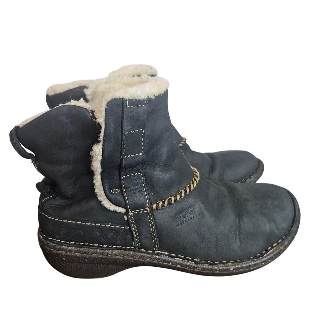 UGG Australia Black Leather Flat Ankle Boots Shearling Lined Women’s Size 7